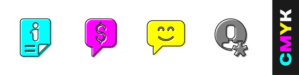 Set Information, Paid support, Smile face and Elected employee icon. Vector