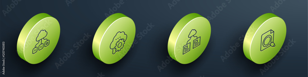 Poster set isometric line cloud technology data transfer, , and search concept with folder icon. vector