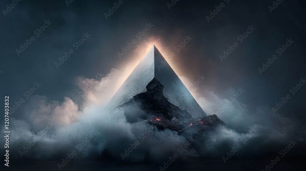 Poster majestic pyramid surrounded by ethereal clouds and mysterious light creating an enigmatic atmosphere