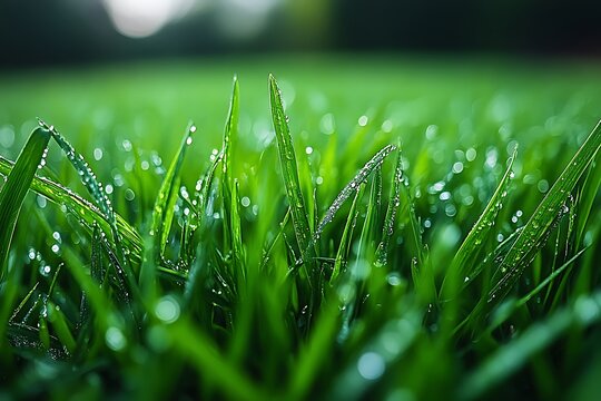 Close-up of dew drops on vibrant green grass - Powered by Adobe