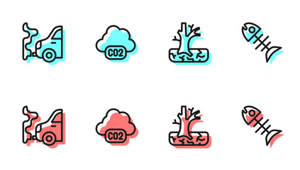 Set line Withered tree, Car exhaust, CO2 emissions in cloud and Dead fish icon. Vector