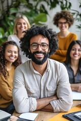 Obraz premium Cheerful Hispanic Latinx Individuals Gathered in a Bright, Green Office Environment