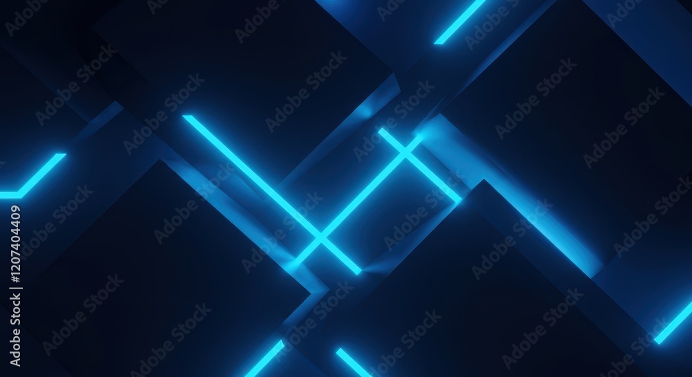 Poster abstract blue neon geometric pattern with glowing lines and rectangular shapes