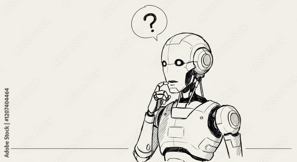 Poster curious robot sketch: ai pondering a question with thought bubble