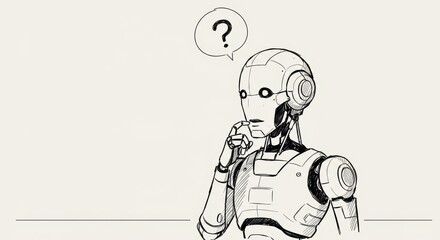 Fototapeta premium Curious robot sketch: ai pondering a question with thought bubble