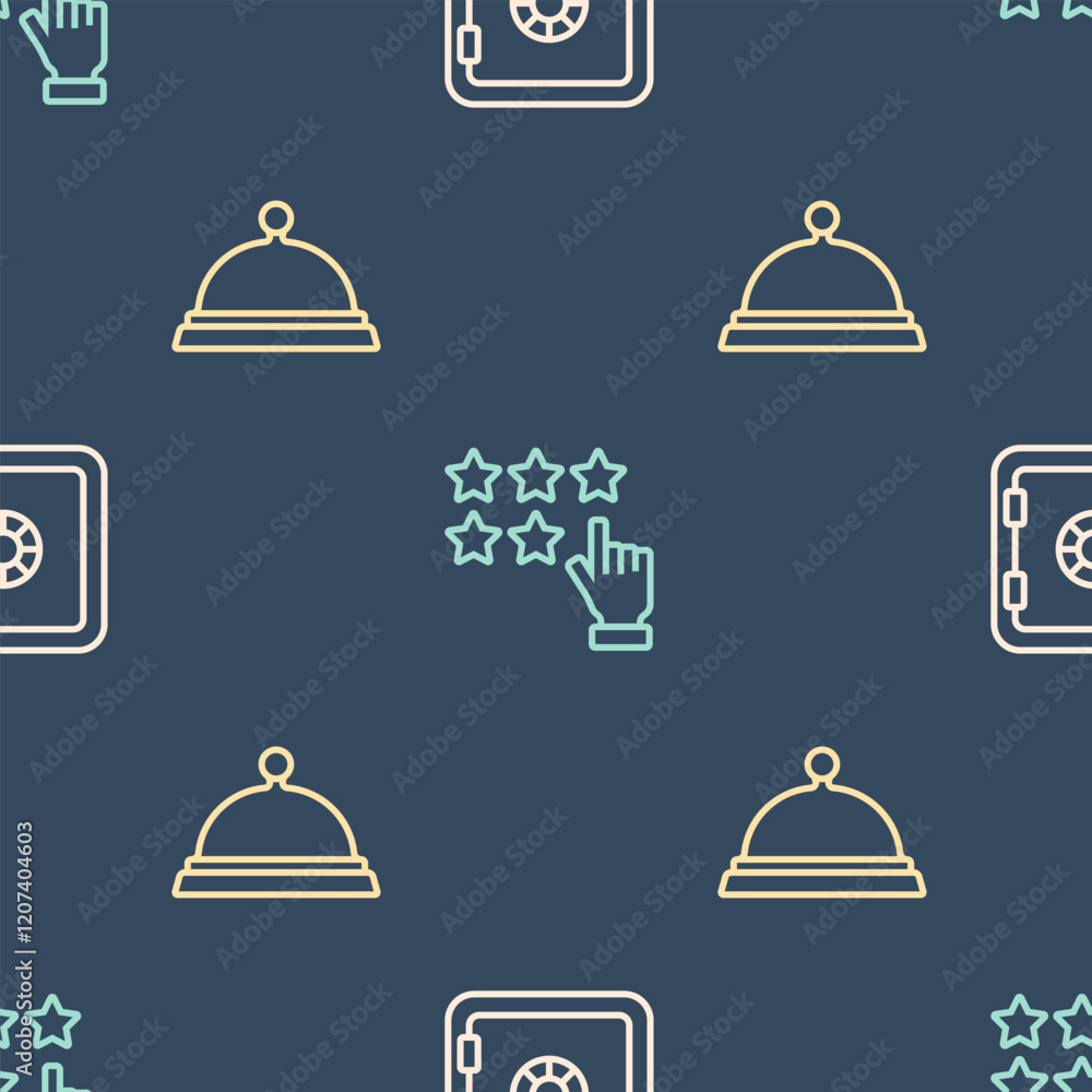 Poster set line safe, covered with tray of food and stars rating on seamless pattern. vector