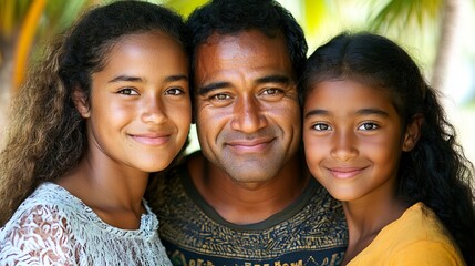 Fototapeta premium Family Portrait of Three Pacific Islander Individuals with Warm Smiles and Tropical Background