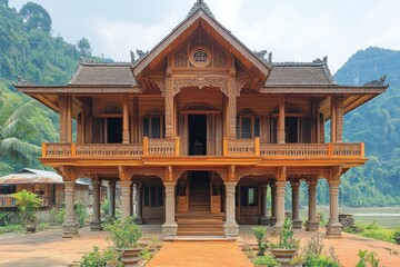 Ornate wooden house, scenic river backdrop.