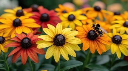 Bee pollinating Black-eyed Susans in garden