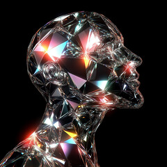 male head made of crystal on a black background
