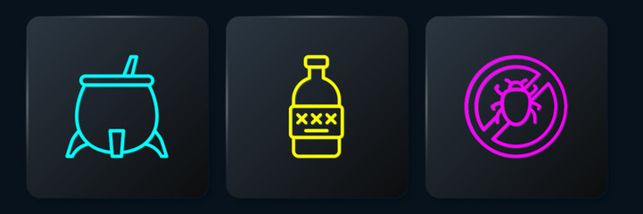 Set line Witch cauldron, Stop colorado beetle and Poisoned alcohol. Black square button. Vector
