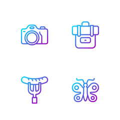 Set line Butterfly, Sausage on the fork, Photo camera and Hiking backpack. Gradient color icons. Vector