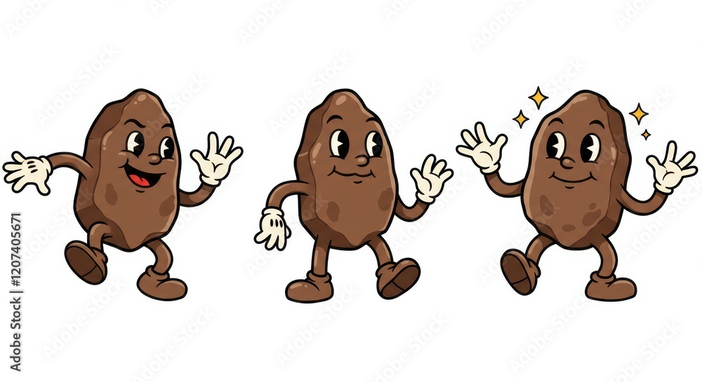 Poster cute animated potato characters waving and smiling with friendly expressions