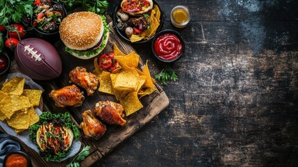 Rustic wooden table filled with game day snacks