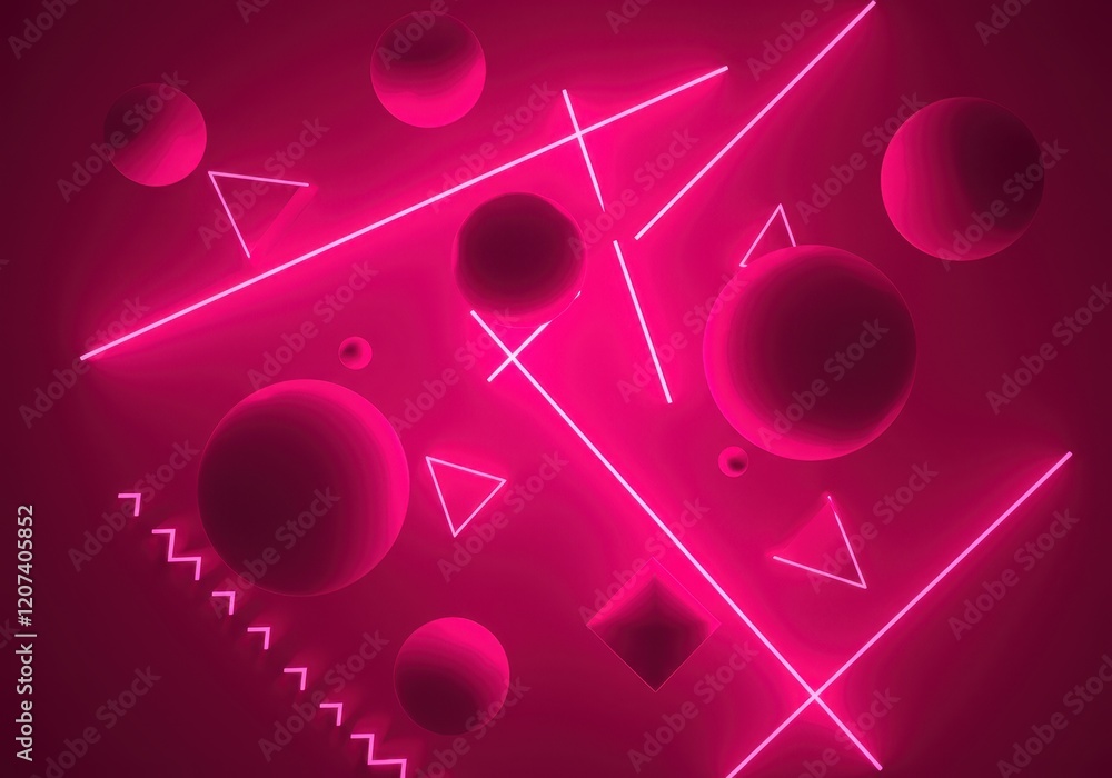 Poster futuristic neon geometric shapes on magenta background with floating spheres and lines