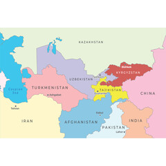 Fototapeta premium Middle Asia map highlighting countries name and national borders.