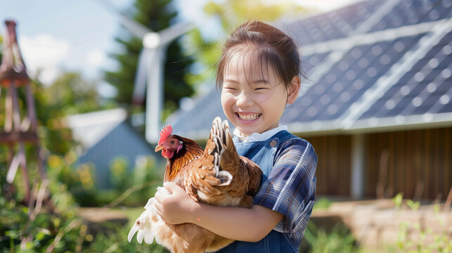 Young child holding a chicken in a sustainable garden."