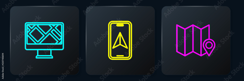 Poster set line monitor with map location, folded marker and city navigation. black square button. vector