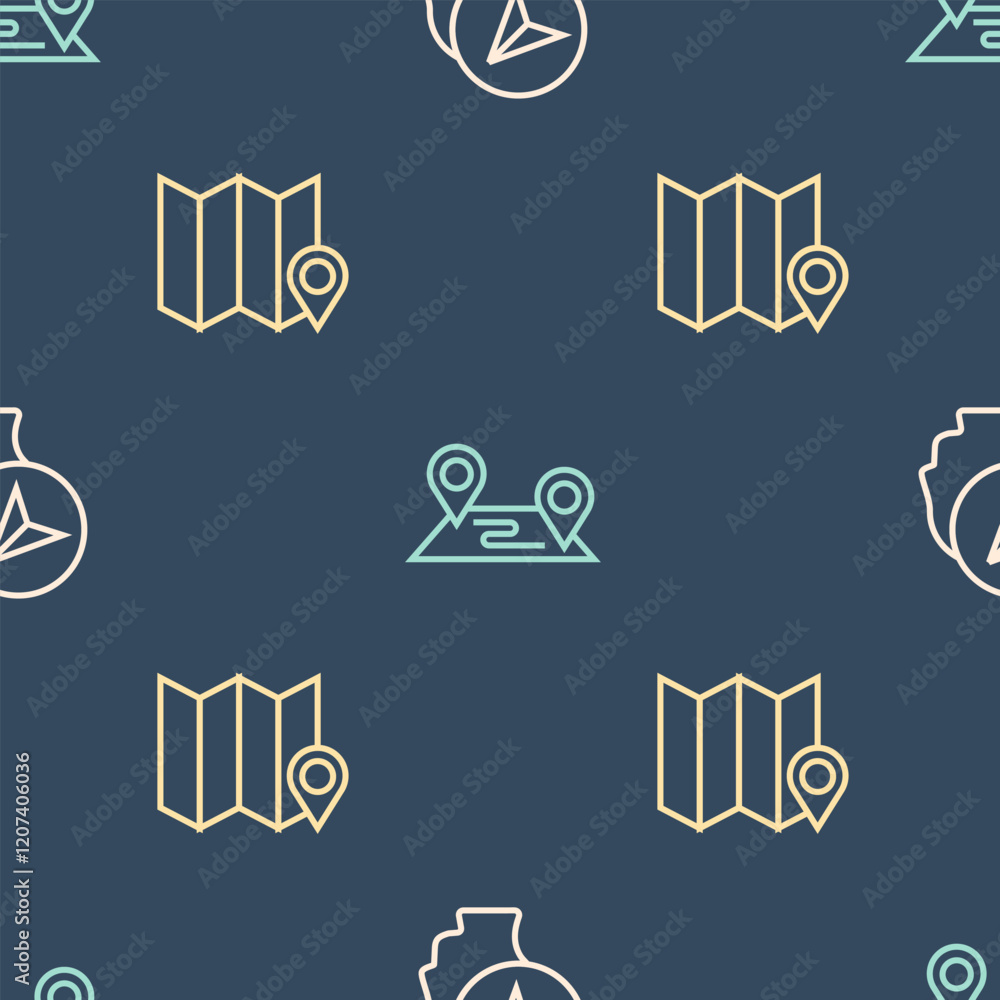 Poster set line map marker with human, folded map location and route on seamless pattern. vector