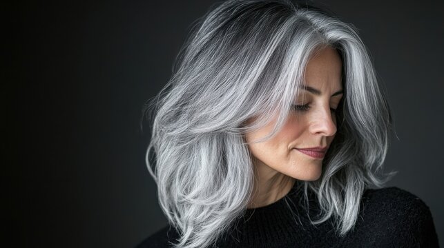 A transitioning-to-grey-hair guide, showcasing a gradual process of blending natural grey with highlights or lowlights