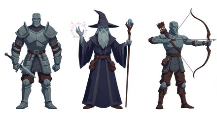 Fototapeta premium Medieval fantasy characters: knight, wizard, and archer in detailed armor and robes