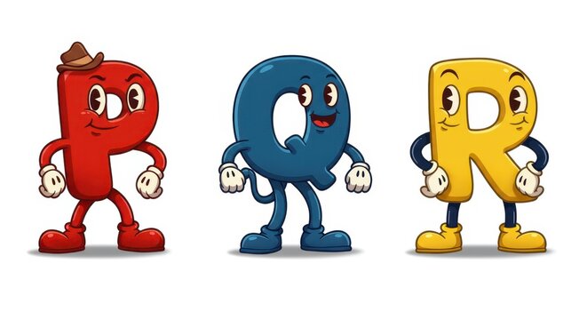 Cartoon alphabet characters pq and r with arms and legs in playful style