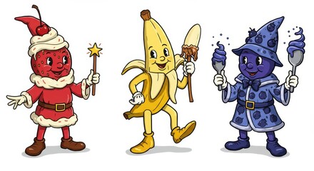 Fototapeta premium Fruit characters in costume: strawberry santa, banana, and blueberry wizard trio