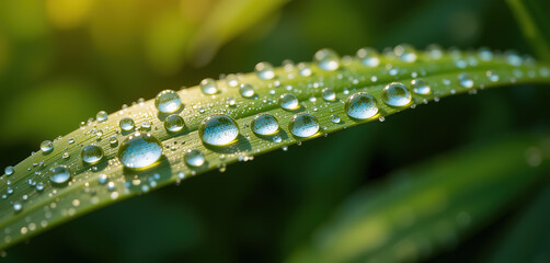 Large beautiful drops of transparent rain water on a green leaf macro. Drops of dew in the morning glow in the sun. Beautiful leaf texture in nature. 4k Natural background. hd image