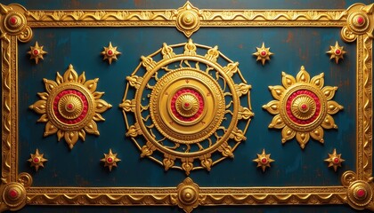 Luxurious Golden Frame with Intricate Red and Gold Designs Against Deep Blue Background