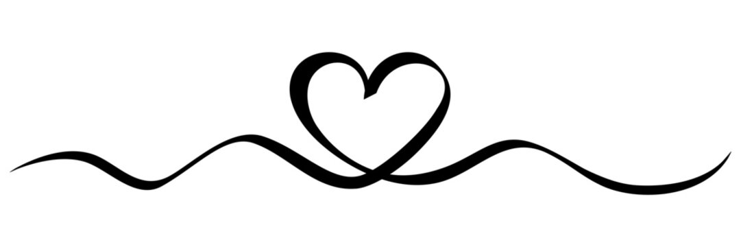 Hand drawn doodle heart continuous one line drawing, black and white heart clipart, love heart, 
calligraphic heart shape, ribbon, symbol, text divider, 
isolated on white background