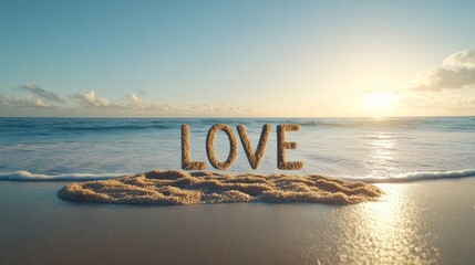 Beautiful Romantic Scene of Love Written in Sand on a Serene Beach During Sunrise with Gentle Waves Reflecting Colors of Early Morning Light