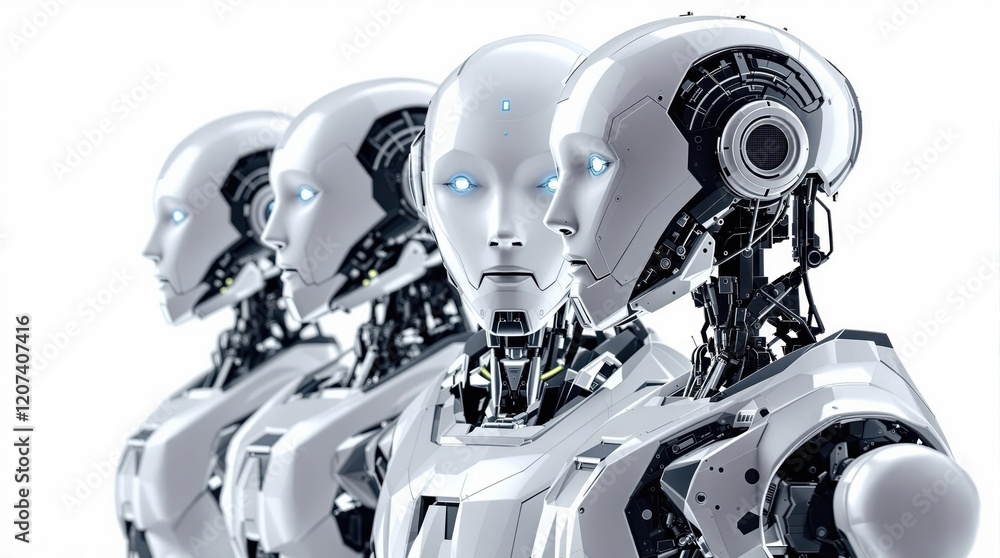 Poster futuristic row of humanoid robots with advanced technology and blue led eyes