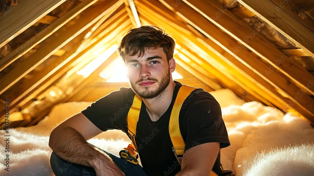 Poster a professional builder positioning mineral wool insulation in an attic, pausing to look at the camer