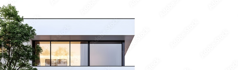 Poster modern architectural design featuring large windows and a tree.