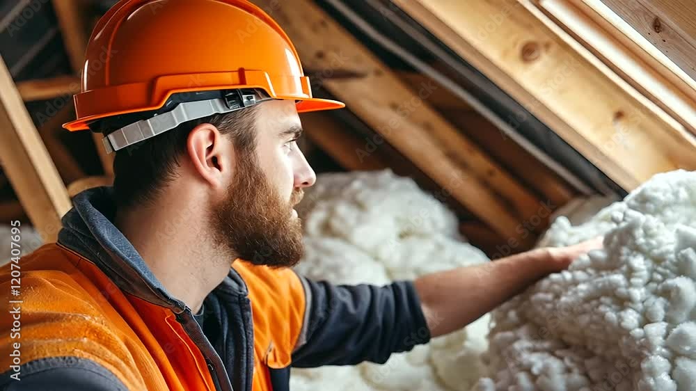 Poster A professional builder working in an attic with mineral wool insulation, pausing to look at the camera amidst an organized workspace.