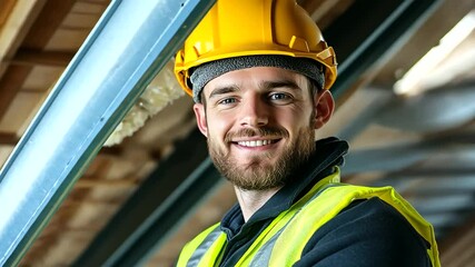 A professional builder wearing safety gear and holding mineral wool in his hands, smiling at the camera in a well-lit attic during an insulation project.