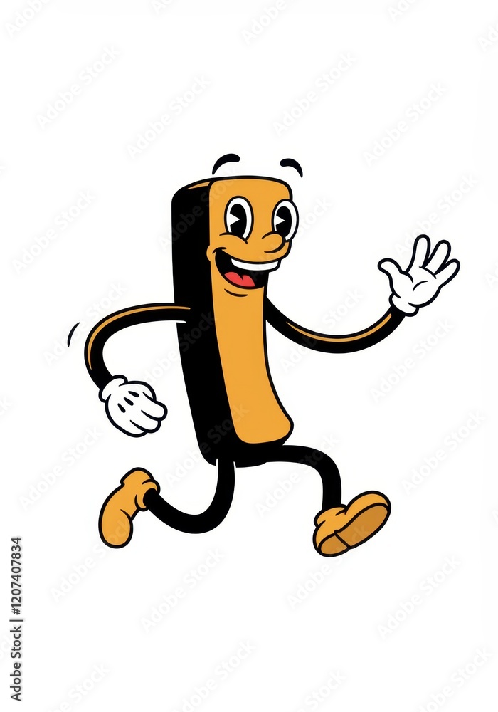 Poster smiling cartoon character walking with enthusiastic expression and waving hand