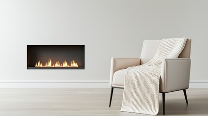 Cozy modern living room scene with fireplace and blanket indoor home decor minimalist design warm ambiance