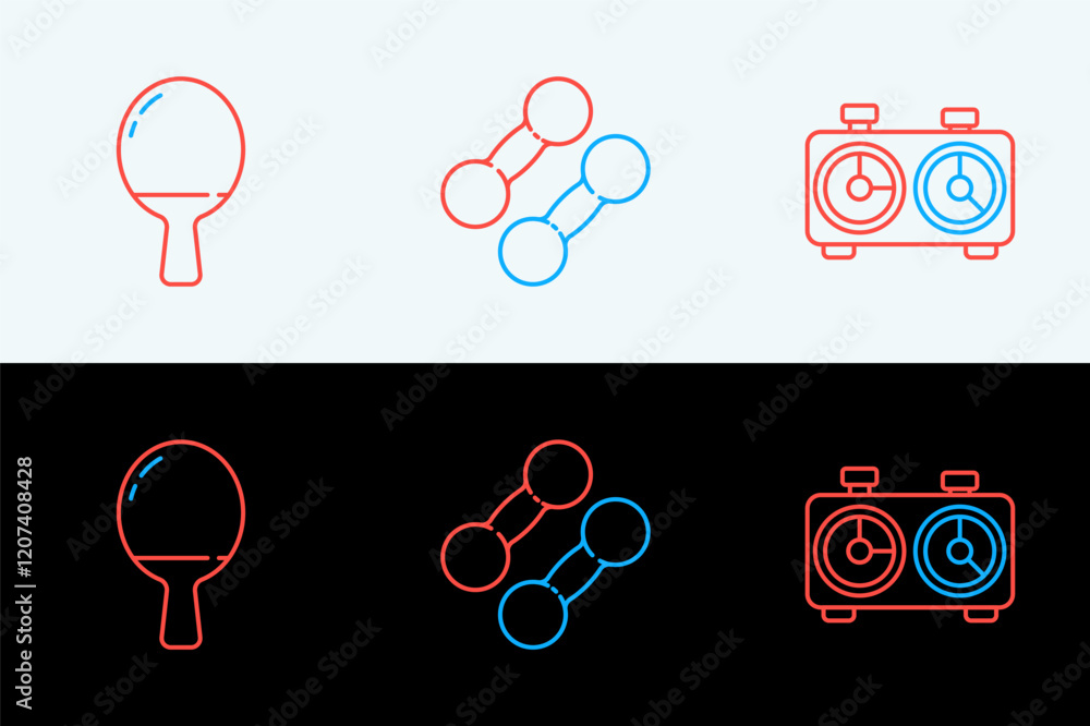 Poster set line time chess clock, racket for playing table tennis and dumbbell icon. vector