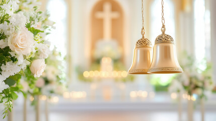 Elegant wedding bells suspended above altar adorned with flowers