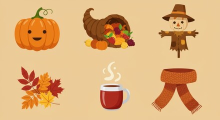 Obraz premium Autumn cozy collection: pumpkin, cornucopia, scarecrow, leaves, coffee, scarf symbols