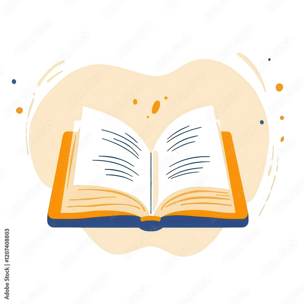 Poster an illustrated open book with vibrant pages and abstract background patterns., isolated on a transpa