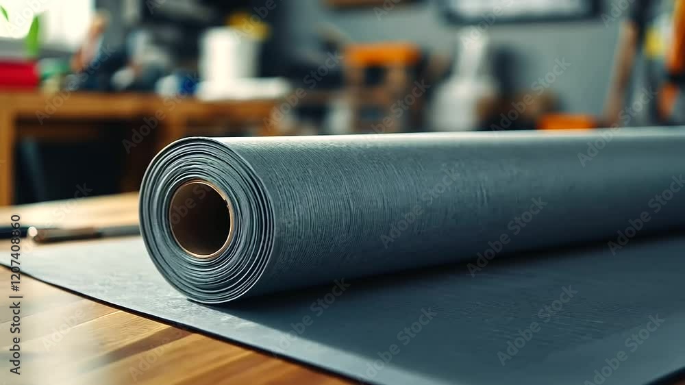 Poster a roll of roofing felt displayed on a workbench, with tools and blueprints scattered around for cont
