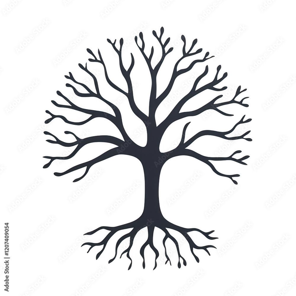 Poster artistic representation of a tree with intricate branches and roots., isolated on a transparent back