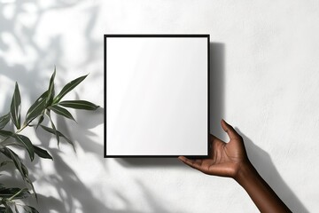 Naklejka premium Hand holding blank white square frame with plant shadows