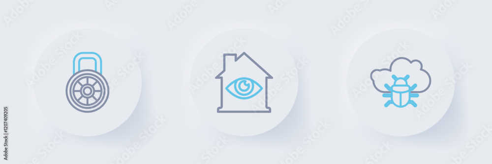 Poster set line system bug on a cloud, house with eye scan and safe combination lock icon. vector