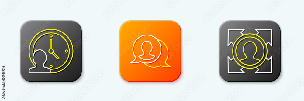 Poster set line time management, speech bubble chat and head hunting icon. vector