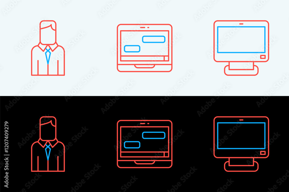 Poster set line computer monitor, worker and chat messages laptop icon. vector