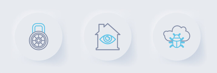 Set line System bug on a cloud, House with eye scan and Safe combination lock icon. Vector