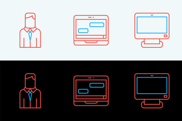 Set line Computer monitor, Worker and Chat messages laptop icon. Vector
